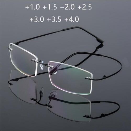 Ultralight TR90 Memory Titanium Rimless Reading Glasses Men&Women Square Presbyopic Eyeglasses Power +1.0 +1.5 +2.0 to+3.5 +4.0