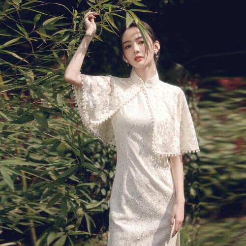 Chinese style Splited Cheongsam Dress Lace Women Vintage Young Girl Improved Qipao Elegant High-end Sexy Retro Solid Color Dress
