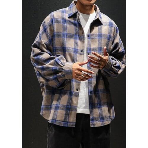 LIFENWENNNA Mens Harajuku Color Block Plaid Shirt Mens Streetwear Thick Shirts Long Sleeve Male Vintage Korean Fashions Clothes