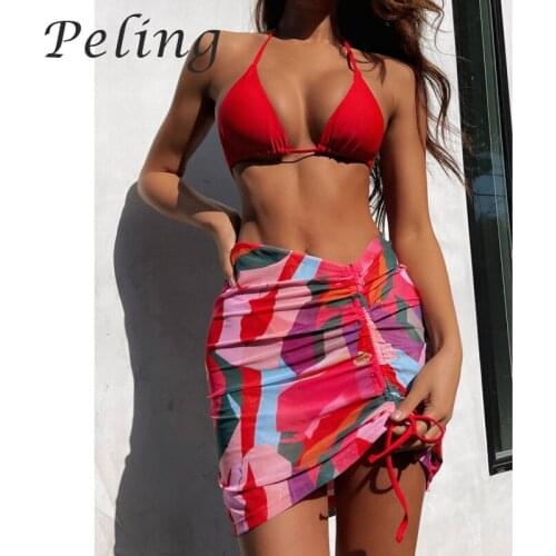 Sexy Cover Up Thong Bikini Set 3 Piece Female Bikini 2021 Swimwear Women Swimsuit Halter Summer Beach Wear Swimming Bathing Suit