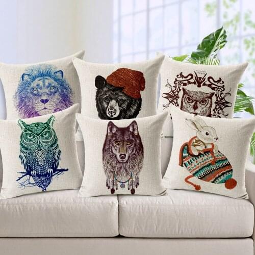 Owl pillow cover, cartoon hand-painted animal lion wolf Rabbit owl bear throw pillow case pillowcase wholesale