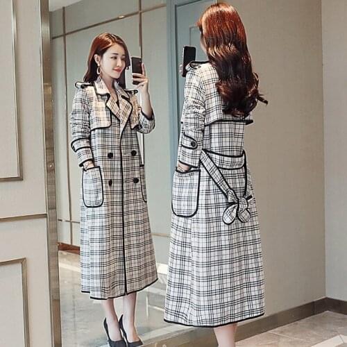 New Winter Womens Trench Coat Fashion Plaid Lapel Collar Coats Female Double Breasted Long Windbreaker Korean Slim Fit Outerwear