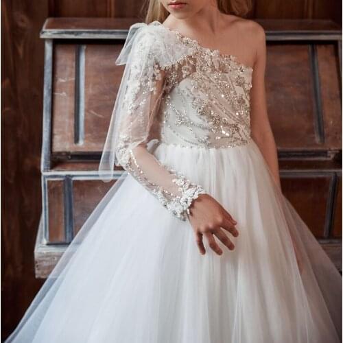 Gorgeous White Long Sleeves A Line Lace Tulle Girls Flower Girl Dresses Girls Wedding Birthday Party Dresses