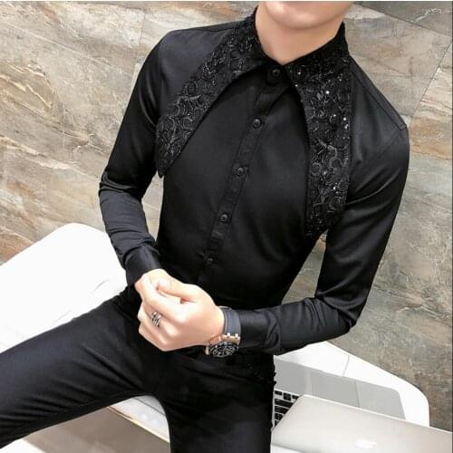 M-3xl New Men Stitching Sequined Black Shirt Tide Hairstylist Dj Nightclub Long-sleeved Shirt Singer Stage Performance Costumes