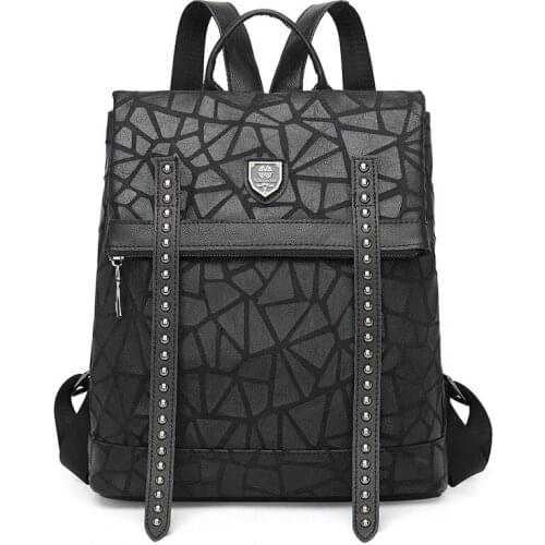 Women Fashion Rivet Black Bag Large Capacity School Backpack Female Womens Bag Composite Cowhide Leather Backpack