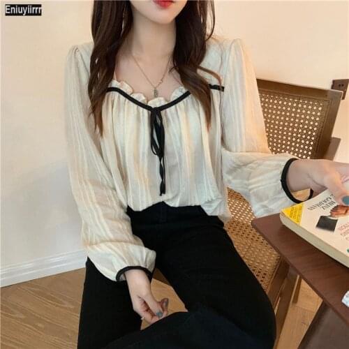 Women 2021 Spring Japanese Style Solid Bow Tie Cute Tops Blouses