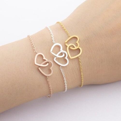 Women Double Heart Charm Bracelet Rose Gold Pulsera Jewelry Stainless Steel Chain Armbanden Bijoux Femme Bridesmaid Gifts