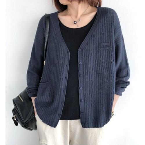 2021 Sweater Spring Autumn Thin Loose V-neck Knitting Cardigan Long Sleeve Pockets Solid Color Outwear Basic Knit Coat Female