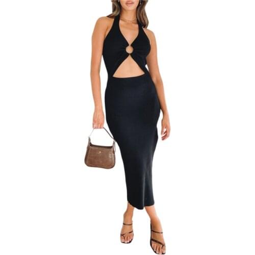 Women Summer Dress Sleeveless Backless Neck-Hanging Wrapped Hollow Out Slim Summer Beach Long Solid Color Midi Dresses Y2K