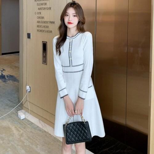 2021 New Splicing Autumn Long Sleeve Sweater Dress Womens Pullover Sweater Office Lady Single-Breasted Pocket Knit Slim Dresses