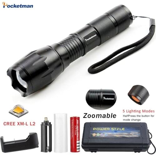 2018 HOT A17 XM-L L2 8000LM Aluminum Waterproof Zoomable CREE LED Flashlight Torch light for 18650 Rechargeable Battery or AAA