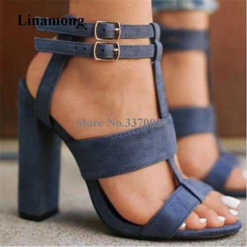Summer Fashion Open Toe Black Blue Suede Leather Chunky Heel Gladiator Sandals Ankle Straps Thick Heel Sandals Formal Dress Shoe