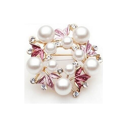 Gold Tone Pink Leaf Flower Small Wreath Flower Pin Brooch with Pearl