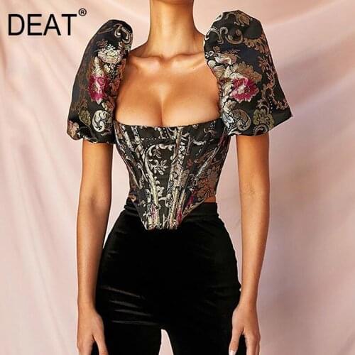 DEAT 2021 Spring Summer Sexy Short Puff Sleeve Square Collar Black Floral Print Tops Women T Shirt MH270