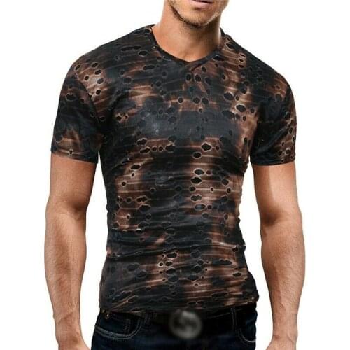 Mens V-Neck Slim Fit Short sleeve Tops T-shirt Ripped Summer Printed Tees New A11