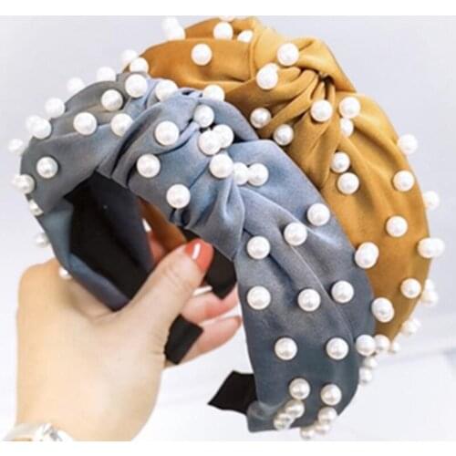 Women Top Knot Pearls Headband Wide Head Band Solid Fabric Hairband Headband Women Hair Accessories Adults Headband Pearls