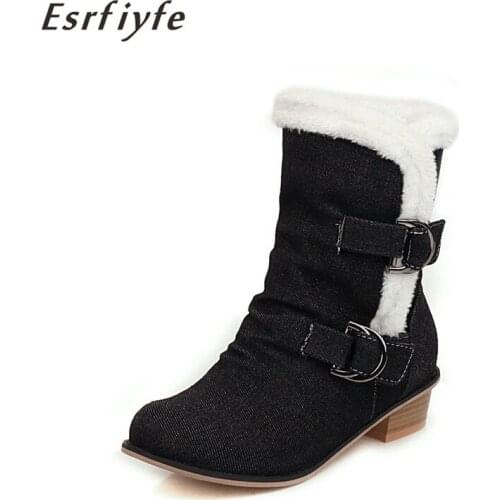 ESRFIYFE 2020 New Plus Size 34-48 Winter Shoes Women Snow Boots Denim Buckle Thick Heel Comfortable Casual Boots Woman Hot Sale