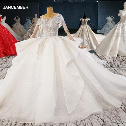 HTL2055 Sexy V-Neck Luxurious Crystal Beading Sequined Wedding Dress 2021 For Woman Ball Gowns Short Sleeve