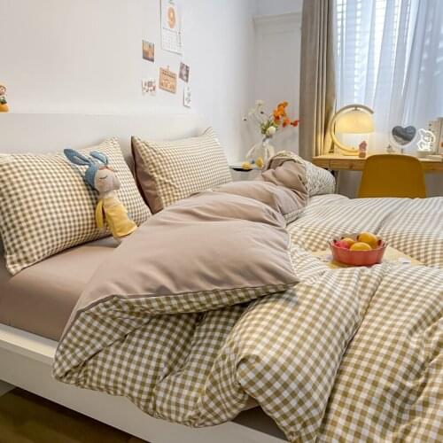 4pcs Duvet Cover Set Soft Microfiber Grid Flat Sheet Bed Linen Khaki Plaid Quilt Cover With 2 Pillowcase Twin Double Queen Size