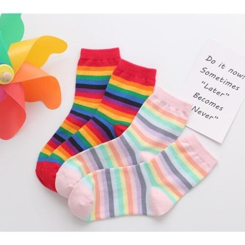 Ins Fashion rainbow stripe Ⅴ Pinkycolor Women Socks Girls New Street Sports Spring Solid Colorful Middle Tube Soft free shipping