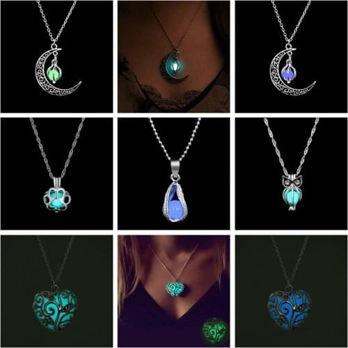 Vienkim Glow In The Dark Necklace Moon Square Heart Necklaces For Woman Hollow Water Drop Pendant Night Fluorescence Light