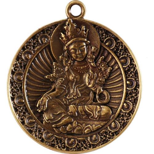 Tibetan copper Engraved Green Tara Bodhisattva Amulet Pendant
