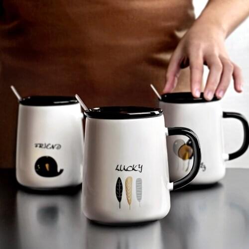 Simple Ceramic Mug with Lid and Spoon Office Home Modern Coffee Breakfast Cup Ceramic Milk Cup Drinking Cup