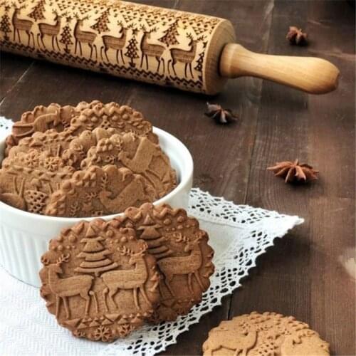 Christmas Tree Elk Cartoon Snowflake Pattern Embossing Rolling Pin Baking Cookie Biscuit Fondant Cake Dough Engraved Roller