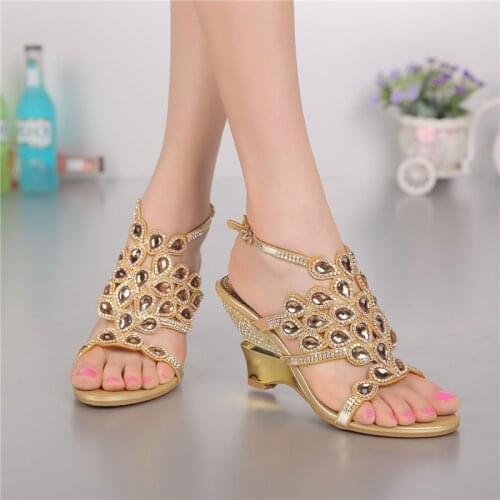 Summer Diamond Leather Peep Toe Wedge Sandals Ladies High Heeled Elegant Luxury Shoes Uk High Quality Big Size