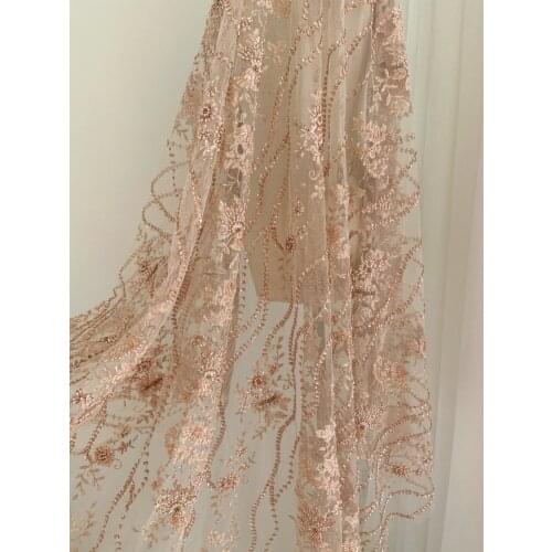Nude Pink Embroidered Tulle Lace Fabric With Beads 3D Heavy Bead Tulle Lace Fabric With Florals