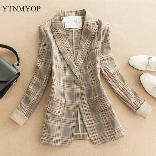 YTNMYOP Plaid Blazer Female Office Lady Suit Coat Slim Fashion Long Sleeve Clothing For Spring And Autumn S-3XL