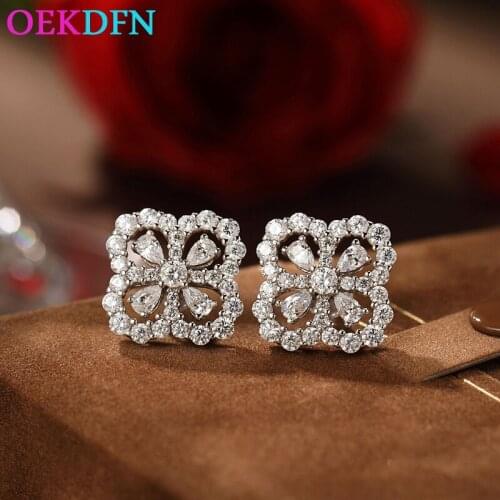 OEKDFN Pure 925 Sterling Silver Stud Earrings For Women Famous Design Sparkling AAAAA+ Zircon Gemstone Fine Jewelry Earrings