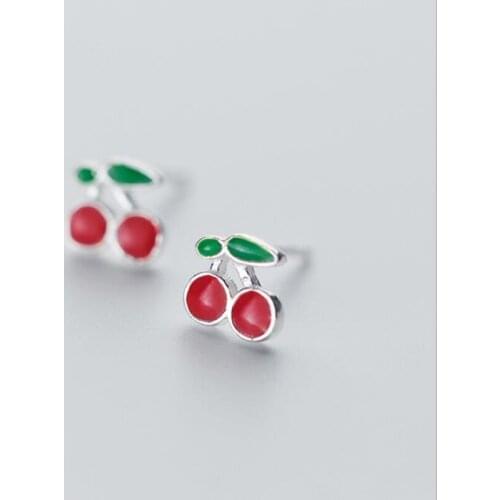 Sweet Epoxy Red Cherry Cute Stud Earrings for Women Charm Female Accessories INS Hot Sale 925 Sterling Silver Jewelry Gift SE132