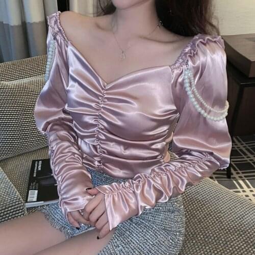 2021 Vintage Shirts Sexy Beading Slim Crop Top V-neck Womens Tops Long Sleeve Blouse Pleated pink Autumn Collection Blusas New