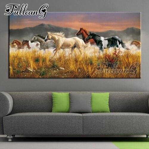 FULLCANG 5d diy full square round drill large horses diamond painting galloping animals mosaic embroidery sale home decor FC2187