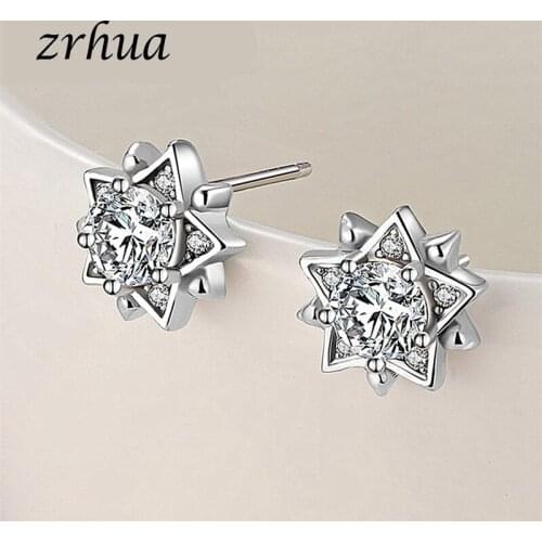 ZRHUA Shiny Star Cubic Zircon Stud Earring For Women Girl Gifts 925 Sterling Silver Austrian Crystal Bijoux one pair Hot Sale
