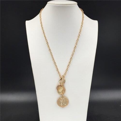 Elegant Gold Color Plating Coin with Round Filigree T Bar O bar Enclosure Necklace For Women Gorgeous Bohemia Trendy Jewelry