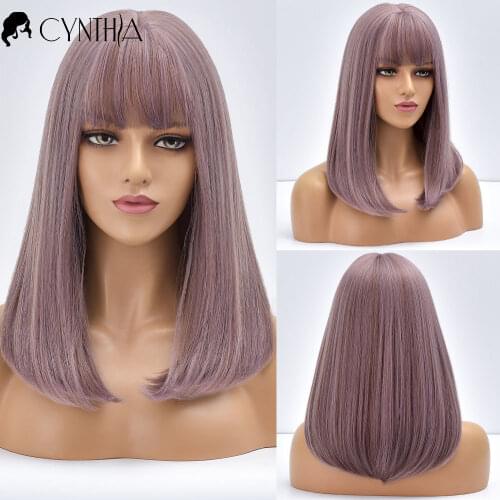 Purple Long Straight Synthetic Wig With Bangs For Black White Women Daily Natural Fake Hair Heat Resistant Fiber Cosplay Wigs