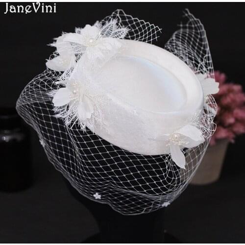 JaneVini 2021 Women Chic Ivory Fascinator Hat with Veil Wedding Party Church Headpiece 3D Flower Pearls Bridal Hair Accessories