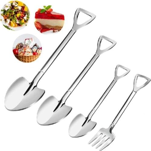 4pc Mousse Cake Shovel Spoon Dessert Fork Set Ice Cream Scoop Cake Stainless Steel Coffee Spoon Cocktail Shovel Spoon Fruit Fork