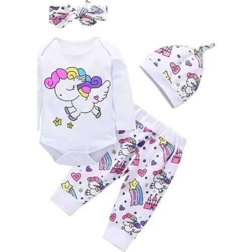 Newborn Baby Girl Clothes Set Fashion Unicorn Print baby clothes Tops+Pants+Headband+Hat 4Pcs Infant Baby Girl Clothing Suit