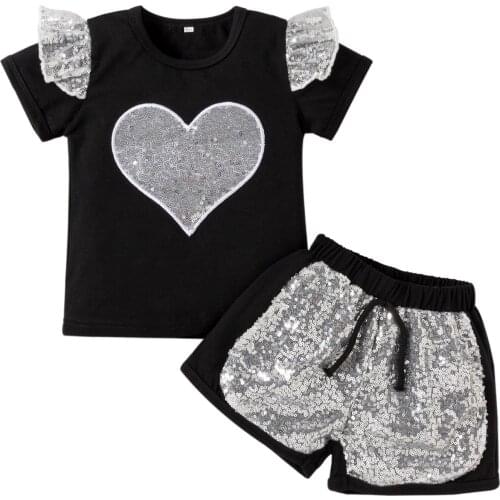 Summer Kids Baby Girl Clothes Sets Fashion Contrast Color Sequins Two-piece Ruffles Short Sleeve T-Shirt and Bandage Shorts 1-6Y