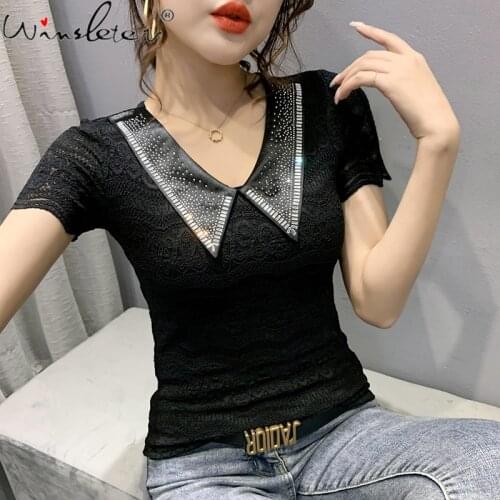 Summer European Style Lace T-Shirt Sexy Turn-Down Collar Shiny Diamonds Women Tops Short Sleeve All Match Tees New 2021 T14307A