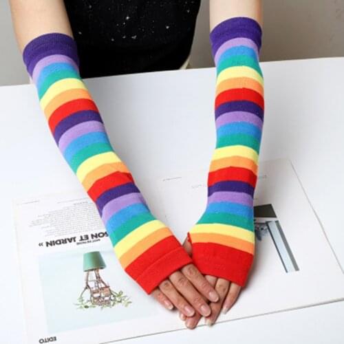 Fashion Long Elastic Fingerless Wool Knit Mitten Winter Cotton Rainbow Hip-Hop Arm Female Touch Screen Driving Warm Gloves L40L