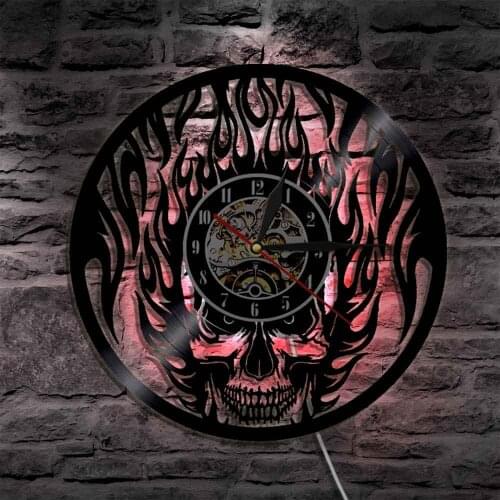 Angry Flaming Skull Wall Light Skull Head Wall Art Vinyl LP Record Wall Clock Fire Burning Skeleton Halloween Party Decor Lamp