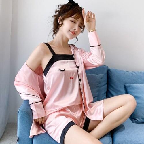 2021 Spring Autumn New Ice Silk Sling Pajamas Womens Long Sleeve Female Sleepwear Home Wear Nightgown Lady Nightwear Lingerie