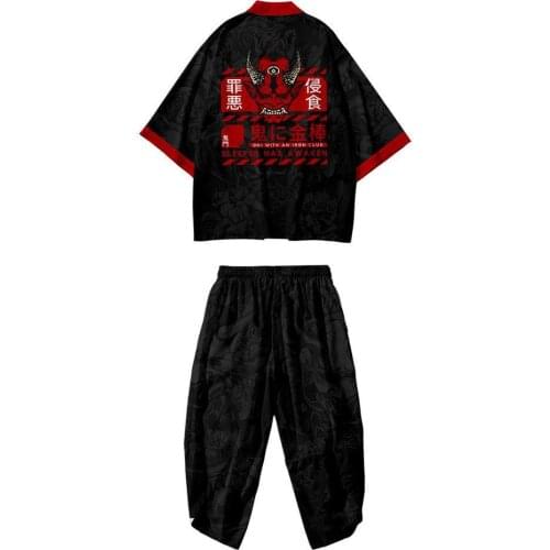 New Trend Seven-point Sleeve Japanese Cyberpunk-evil Ghost Mens Nine-point Pants Thin Printed Cardigan Loose Robe
