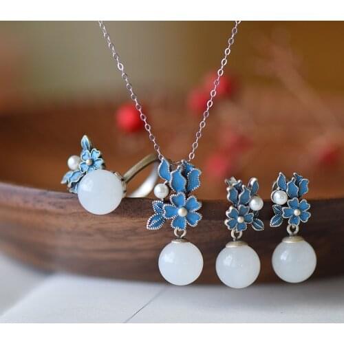 Chinese Style Inlaid Natural Hotan White Jade Flower Necklaces Earrings Rings Minority Design Charm Womens Brand Jewelry Sets