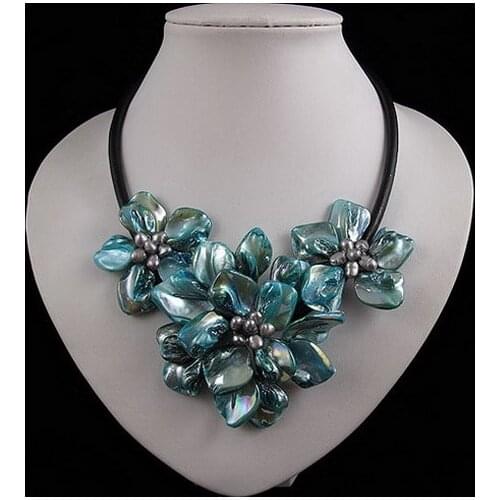 Handmade Shell Flower Leather Necklace,Blue Genuine Freshwater Pearl Shell Flower Real Leather ,Perfect Jewellery For Women