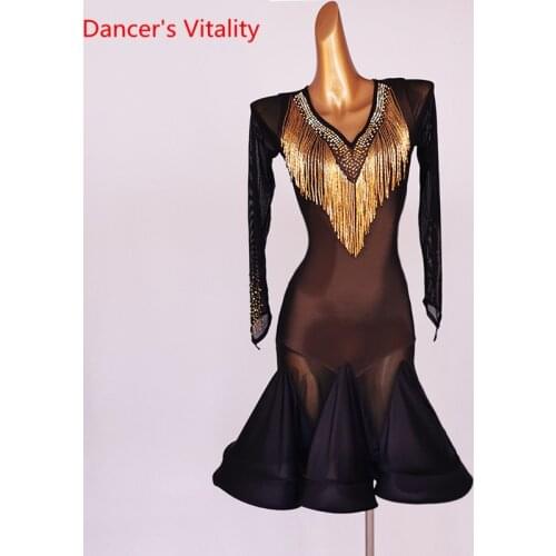 Latin Dance Dress Diamond V-Neck Mesh Skirt Long Sleeve Performance Clothes High-End Custom Adult Child Competition Clothing